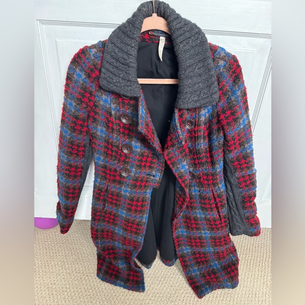 Free People Red and Blue Plaid Pea Coat